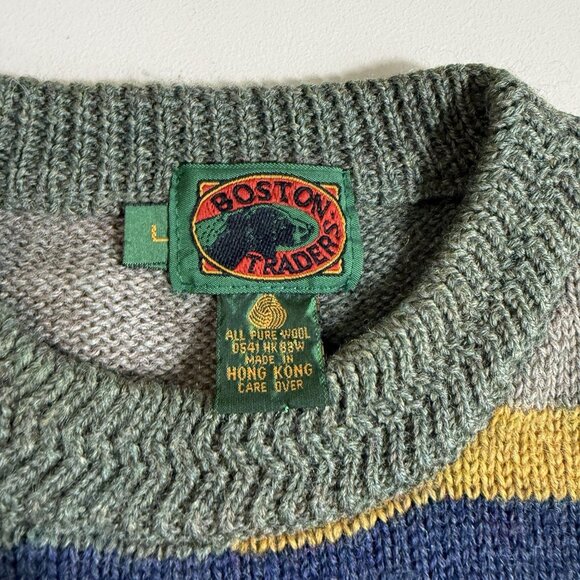 Vintage Boston Traders Men's Large Wool Hand Knit Sweater 90's All over Print - Picture 4 of 8